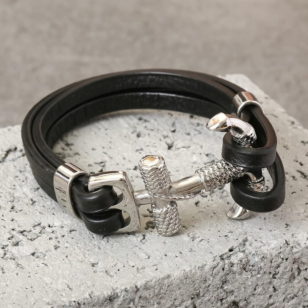 Rope Anchor Black Leather Bracelet for Men AD - Picture 6 of 6